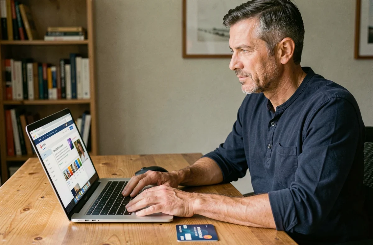 Homme effectuant un achat en ligne avec une carte prépayée depuis son bureau à domicile