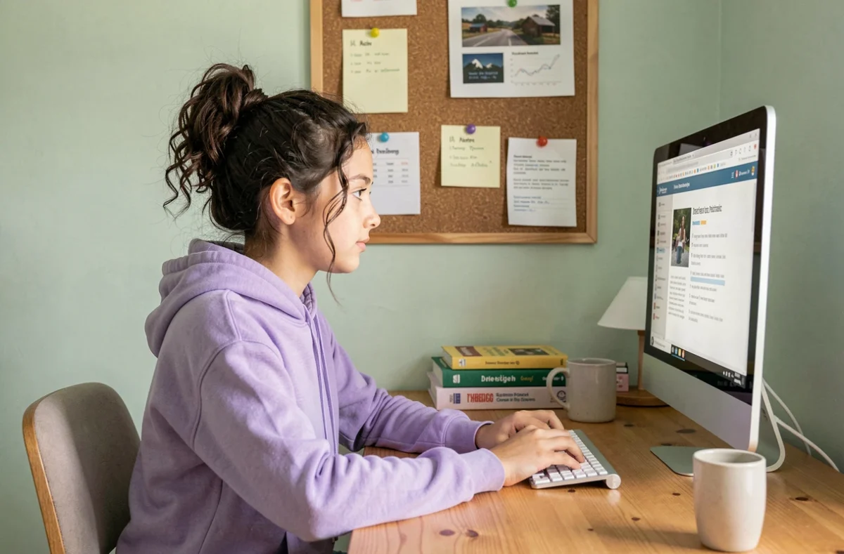 Adolescente concentrée sur un ordinateur de bureau pour apprendre à la maison dans sa chambre