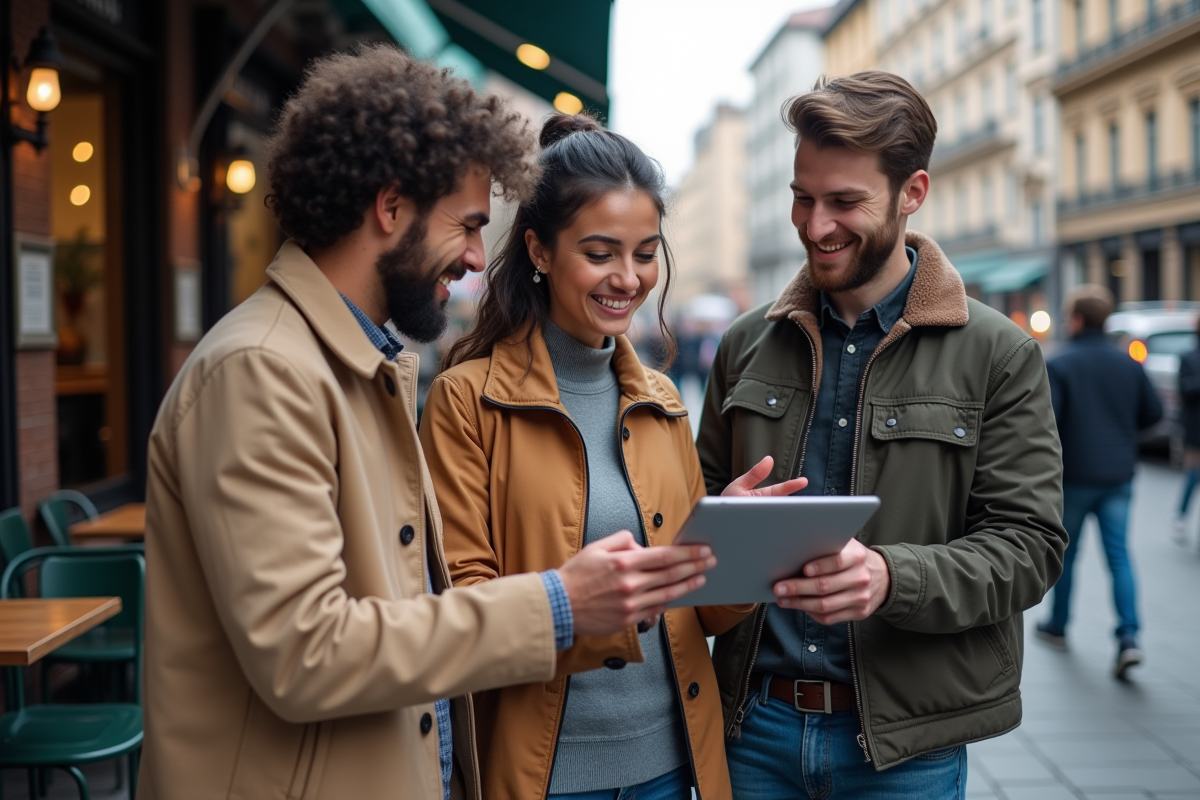 Trois amis discutant crypto devant un café en ville