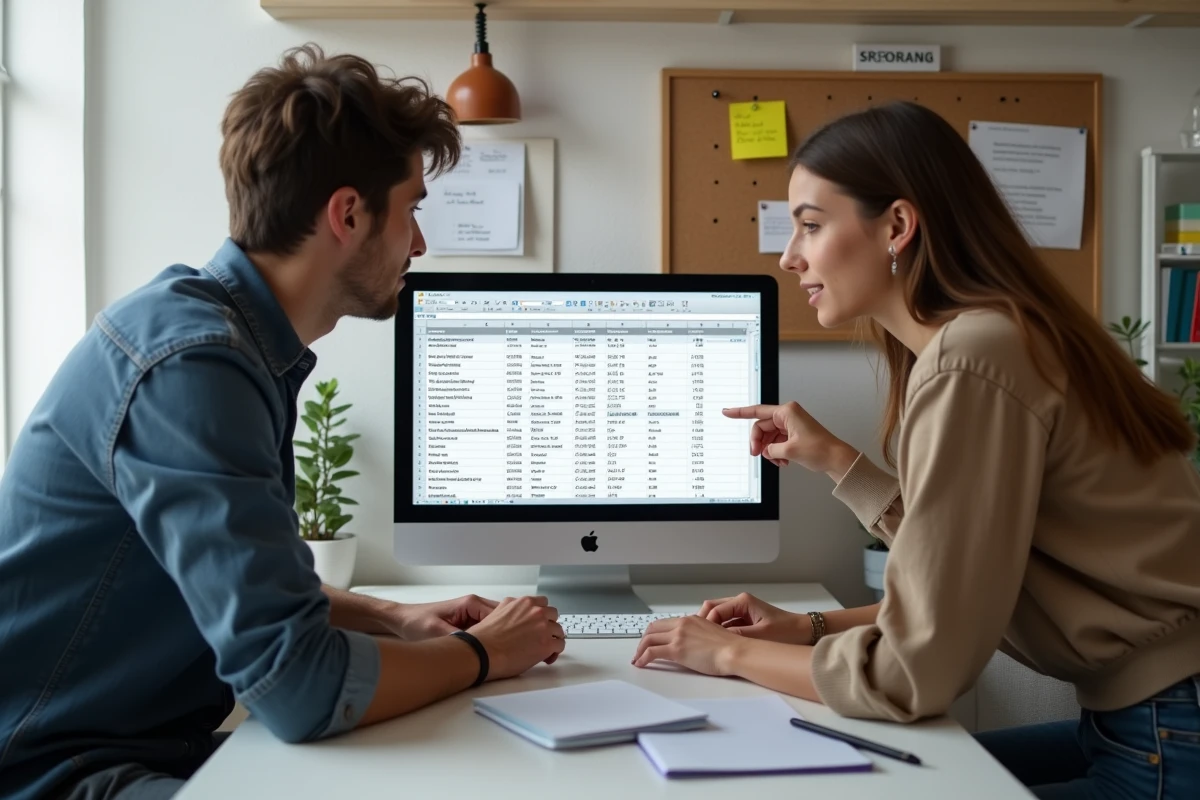 Deux amis consultant et exportant l'historique d'achat Valorant sur un ordinateur de bureau dans un appartement étudiant