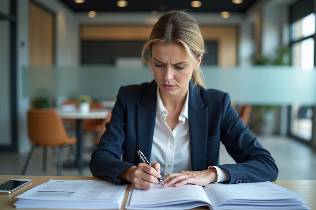 Femme professionnelle analysant des documents bancaires Société Générale dans un bureau moderne