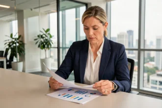 Femme cadre analysant les performances et le rendement d'une SCPI immobilière dans un bureau moderne