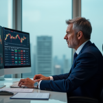 Analyste financier en costume dans un bureau moderne avec écrans crypto