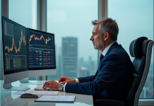 Cryptomonnaie : la perturbation du système financier en 2025 Analyste financier en costume dans un bureau moderne avec écrans crypto