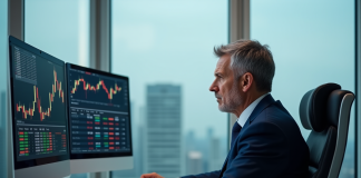 Analyste financier en costume dans un bureau moderne avec écrans crypto