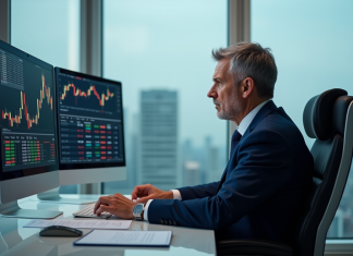 Analyste financier en costume dans un bureau moderne avec écrans crypto