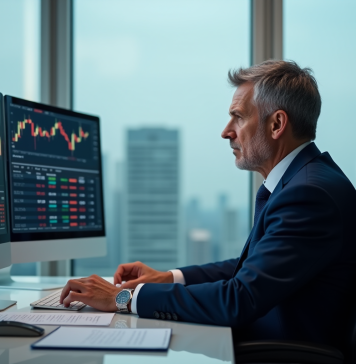 Cryptomonnaie : la perturbation du système financier en 2025 Analyste financier en costume dans un bureau moderne avec écrans crypto