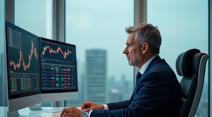 Analyste financier en costume dans un bureau moderne avec écrans crypto