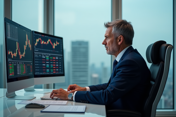 analyste-financier-bureau Analyste financier en costume dans un bureau moderne avec écrans crypto