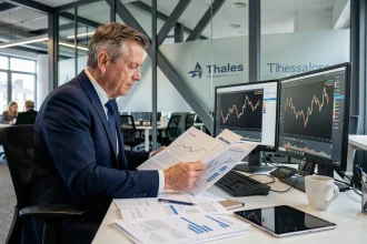 Analyste financier examinant les résultats annuels de l'action Thales dans un bureau d'entreprise moderne à Paris
