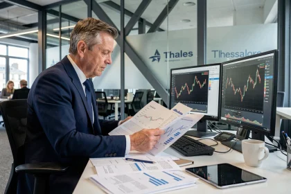 Analyste financier examinant les résultats annuels de l'action Thales dans un bureau d'entreprise moderne à Paris