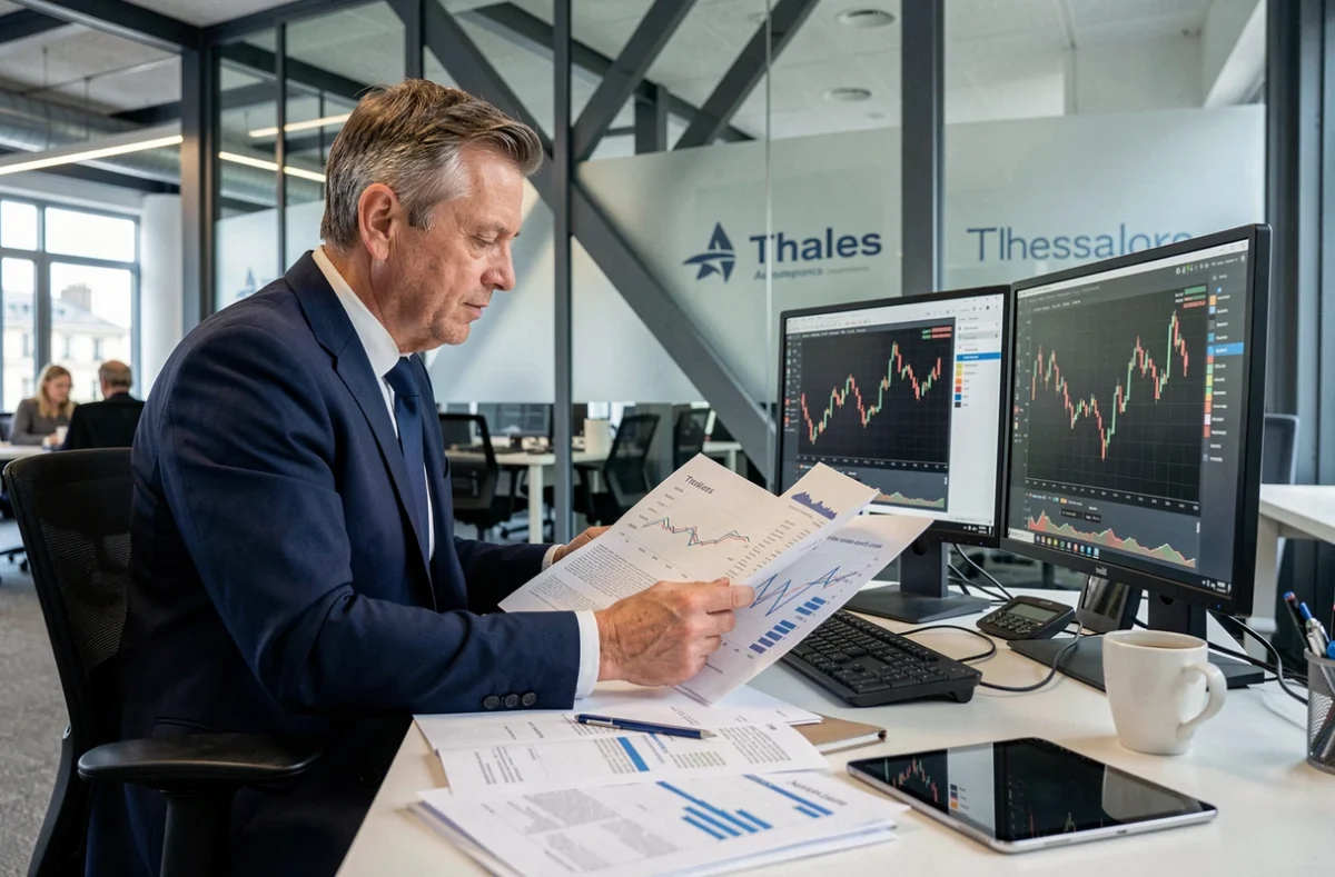 Analyste financier examinant les résultats annuels de l'action Thales dans un bureau d'entreprise moderne à Paris