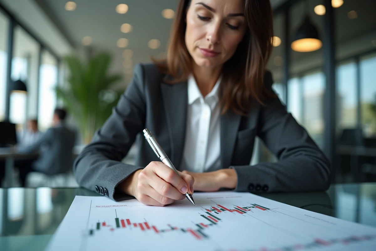Analyste financière annotant un graphique en forme de double creux pour identifier un signal de retournement haussier