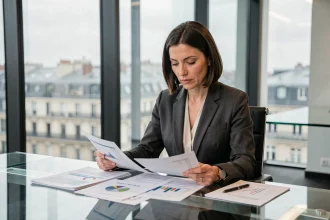 Analyste financière examinant les résultats financiers de Kering dans un bureau parisien moderne