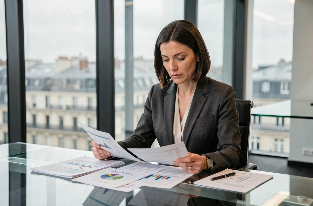 Analyste financière examinant les résultats financiers de Kering dans un bureau parisien moderne