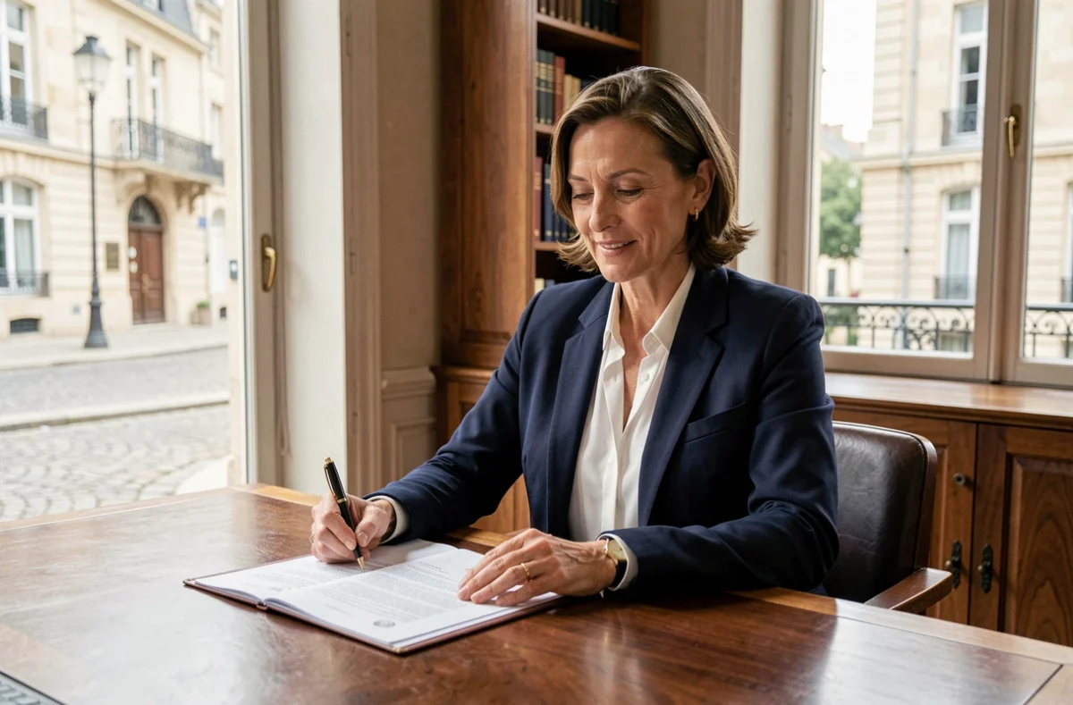 Notaire femme professionnelle à Tours assise à son bureau examinant des documents juridiques avec une expression concentrée