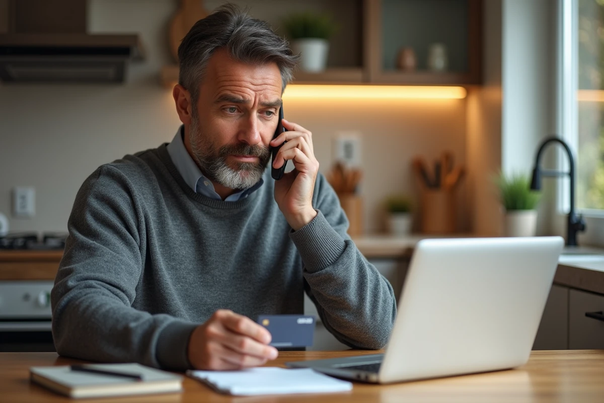 Homme en train d'appeler le service client de sa banque depuis chez lui pour débloquer sa carte bancaire