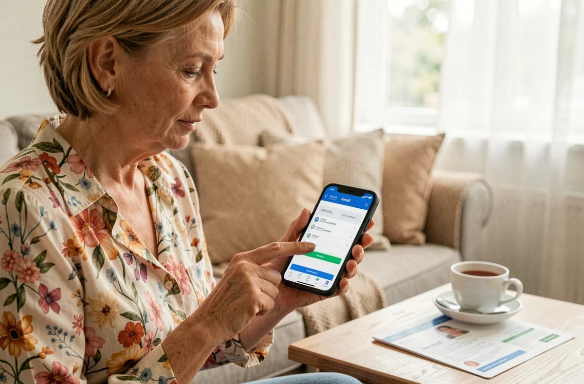 Femme senior utilisant l'application Ameli sur smartphone pour enregistrer sa mutuelle santé