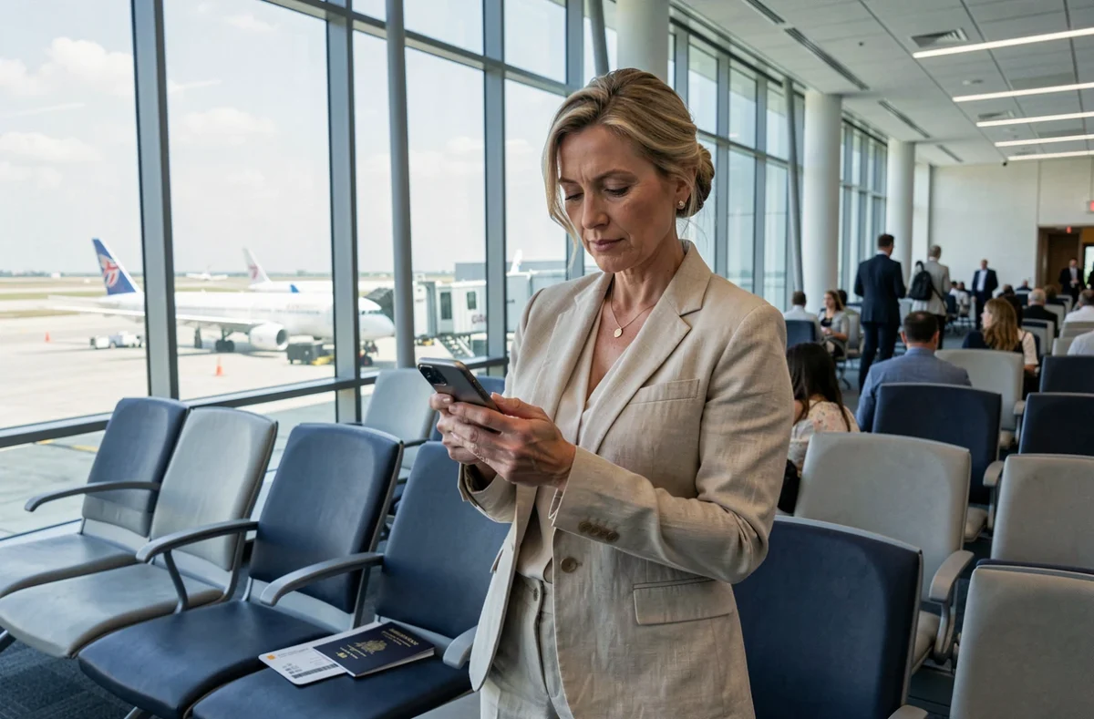Femme consultant son application bancaire CMUT dans un aéroport international avant un voyage à l'étranger