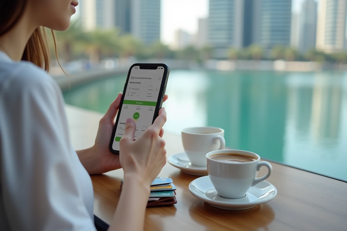 Jeune femme consultant une application de conversion dirham euro dans un caf&eacute; &agrave; Dubai Marina