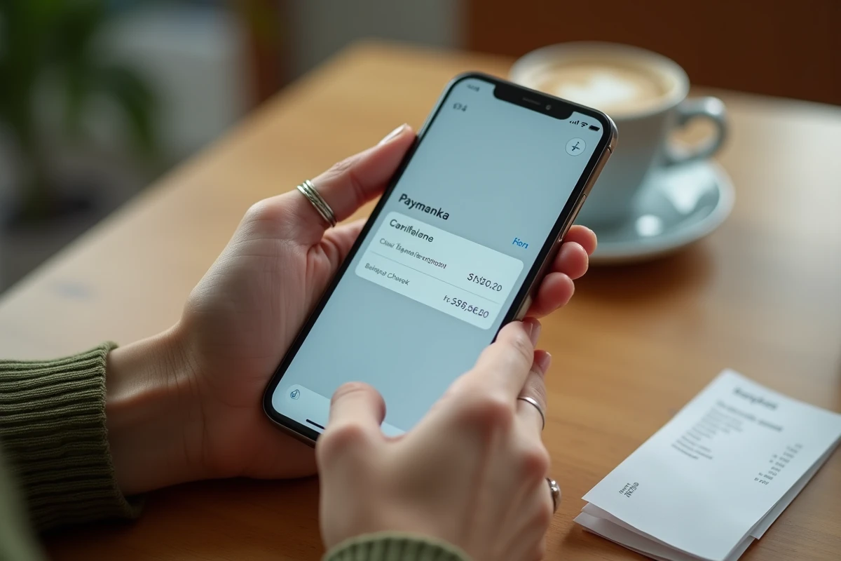 Confirmation de virement instantané sur application mobile bancaire tenue à la main dans un café
