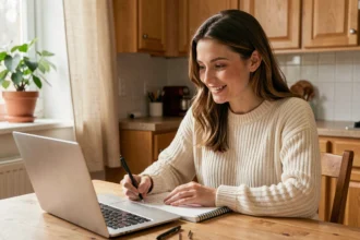 Femme apprenant à la maison avec un ordinateur portable et un cahier de notes dans une cuisine moderne