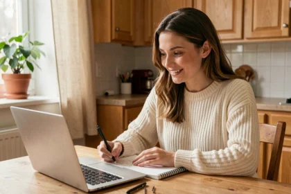 Femme apprenant à la maison avec un ordinateur portable et un cahier de notes dans une cuisine moderne