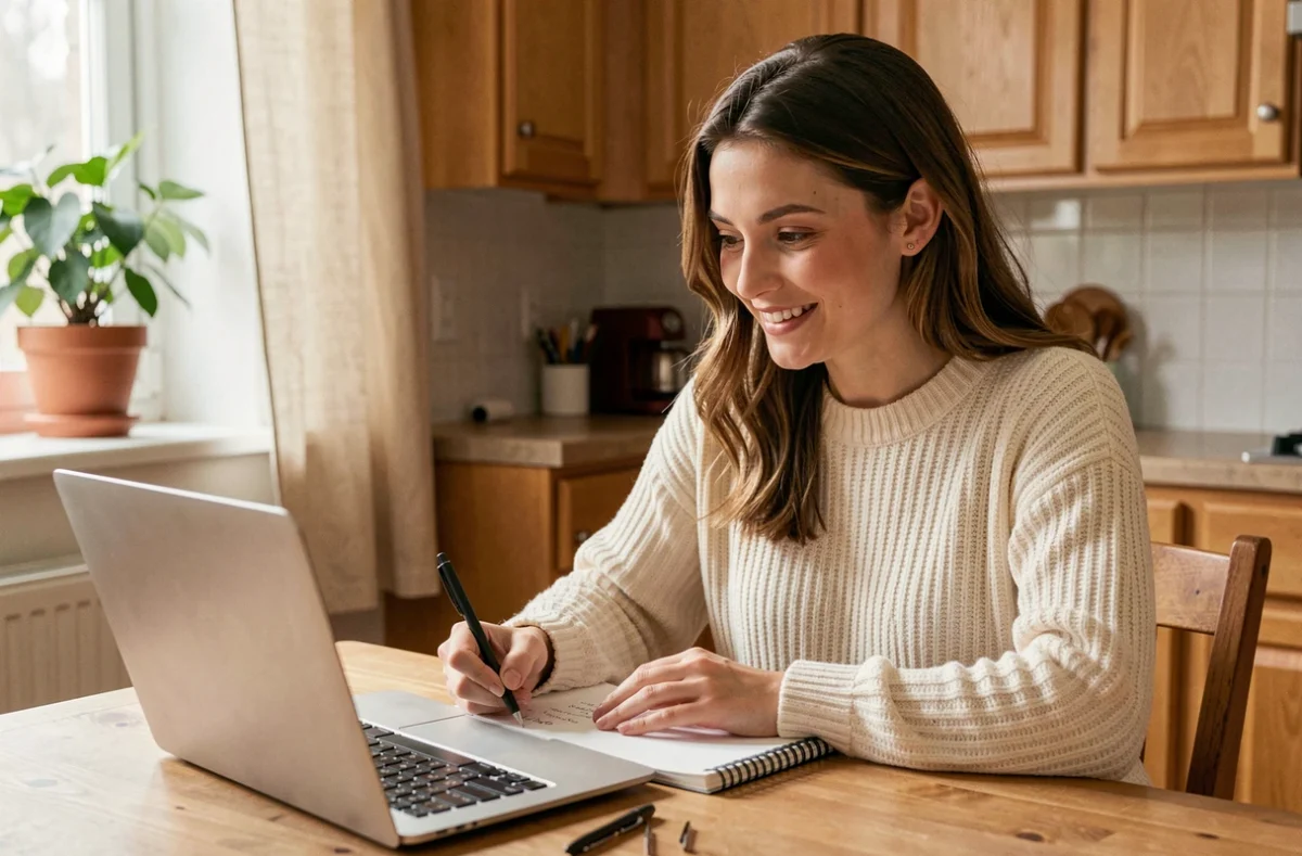 Femme apprenant à la maison avec un ordinateur portable et un cahier de notes dans une cuisine moderne