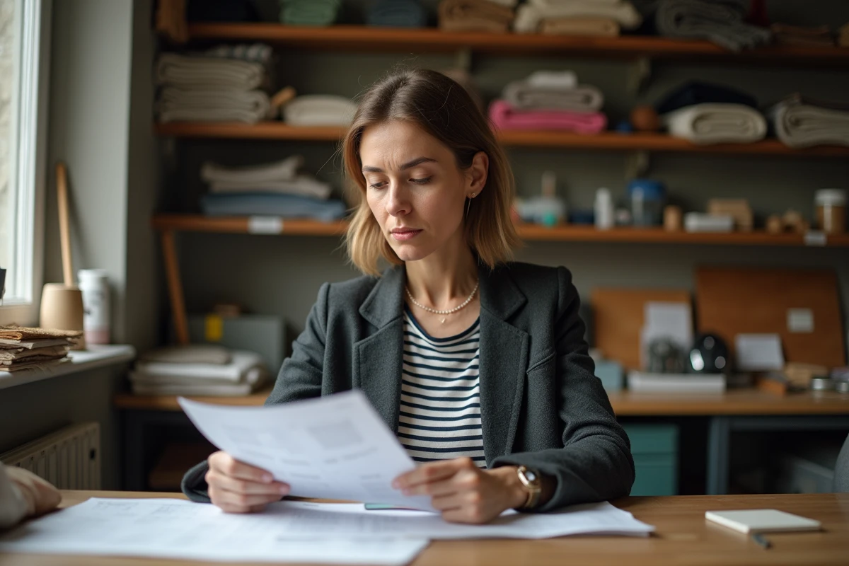 Artisane indépendante consultant des documents d'assurance dans son atelier, illustrant les besoins en assurance des TPE avec Qlara