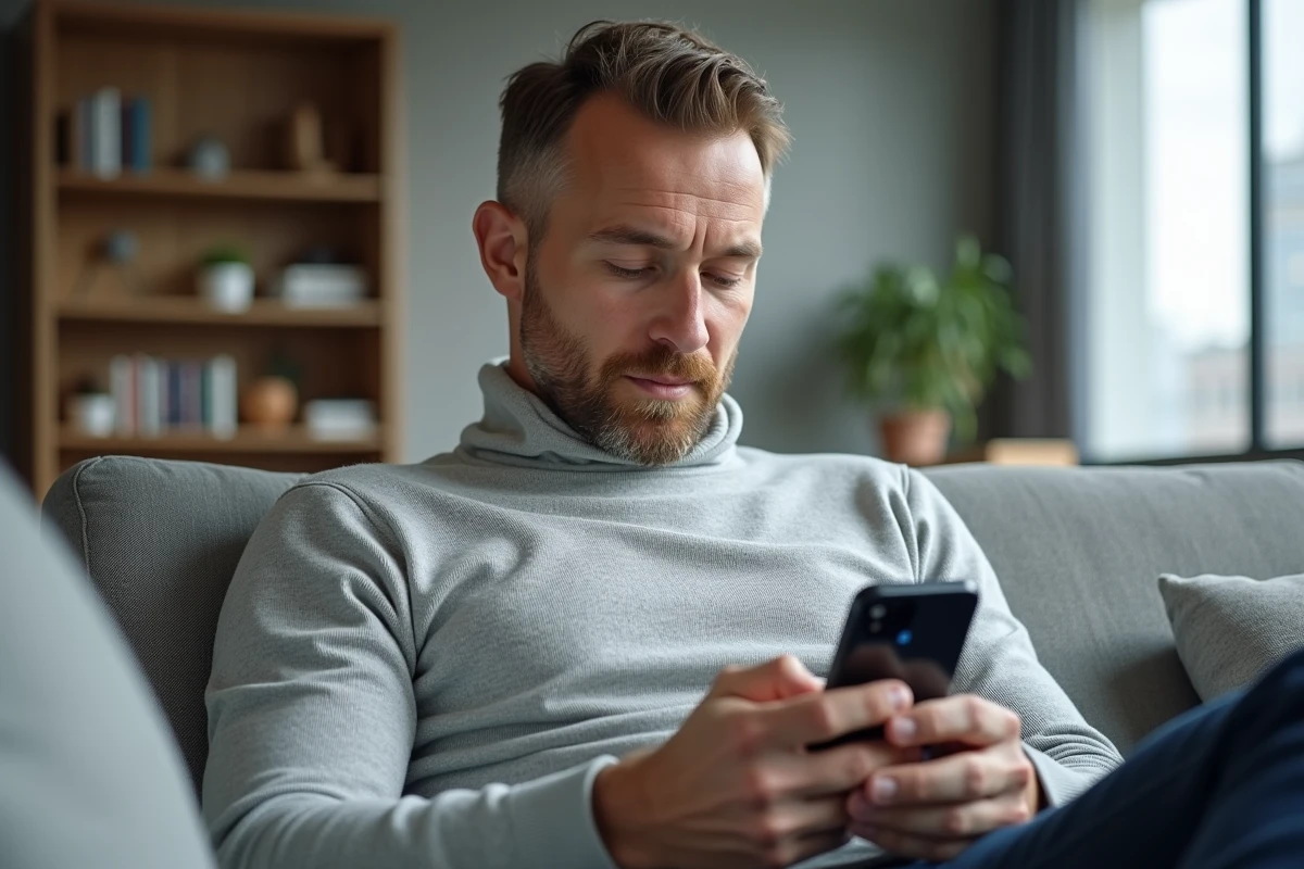 Homme vérifiant son espace client Société Générale sur smartphone avec authentification sécurisée à deux facteurs
