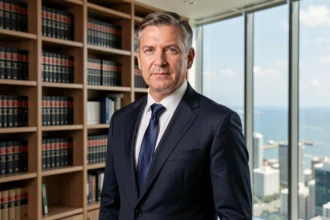Portrait d'un avocat en costume sombre dans un bureau juridique moderne avec vue panoramique sur une ville côtière, illustrant la trajectoire professionnelle d'Ilan Tobianah