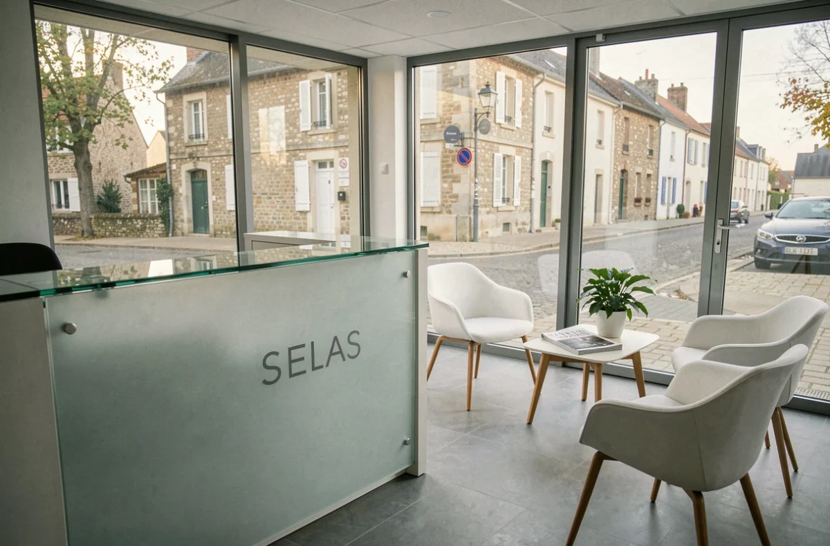 Accueil moderne d'un cabinet notarial SELAS en Indre-et-Loire avec mobilier contemporain et vue sur la rue