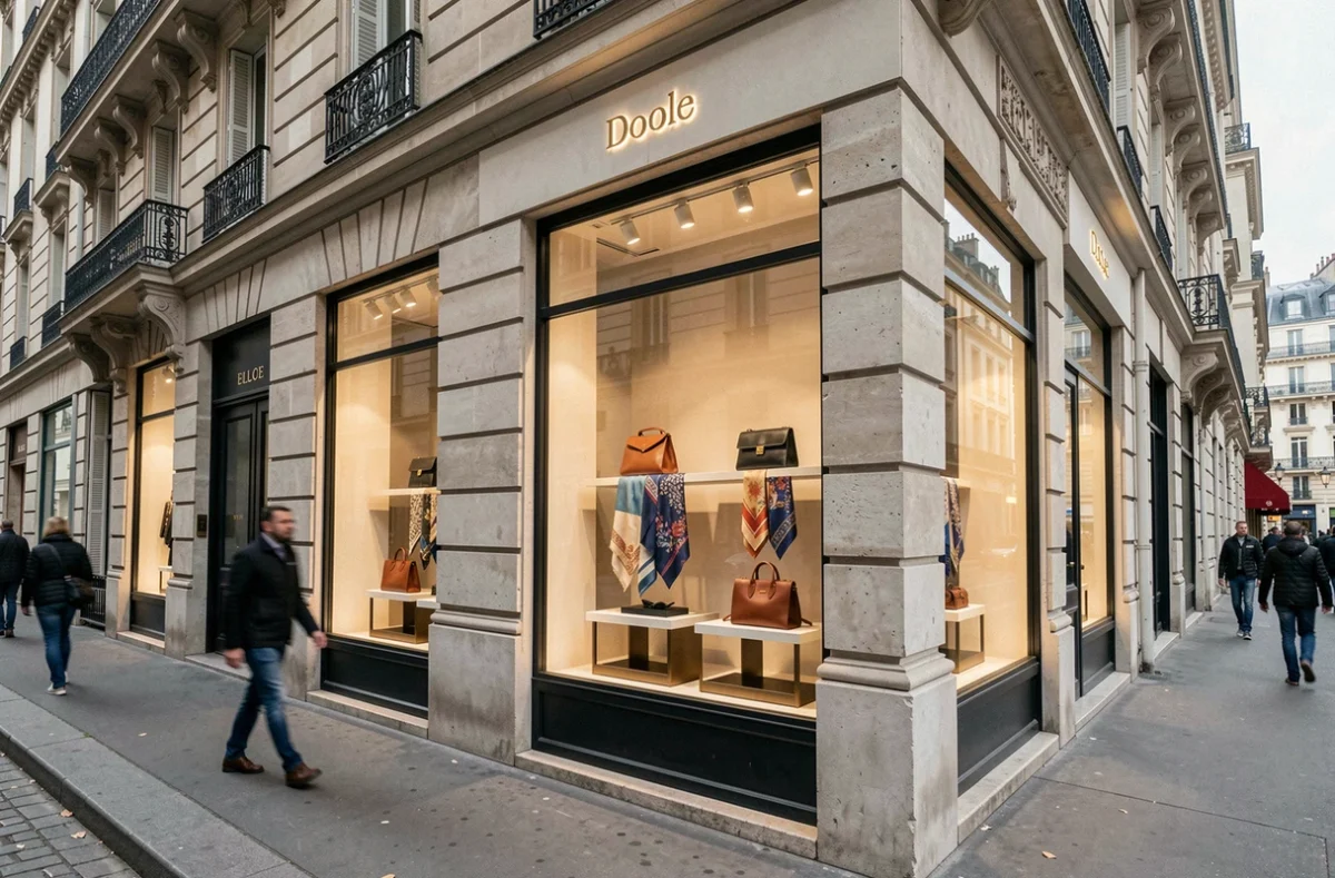 Boutique de luxe d'un groupe Kering sur un boulevard parisien illustrant les performances commerciales