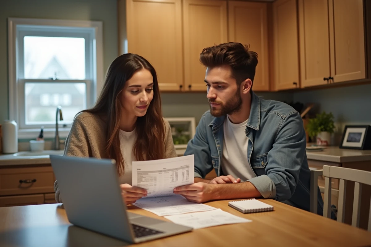 Couple gérant leur budget dans un appartement abordable au Nouveau-Brunswick, illustrant les villes canadiennes au coût de la vie modéré