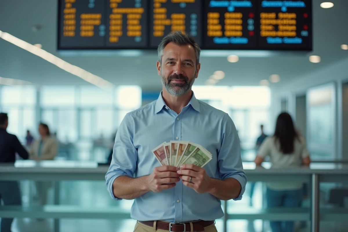 Homme tenant des billets de devises étrangères dans un bureau de change à l'aéroport lors d'un séjour à l'étranger