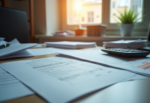 Espace de travail comptable désordonné avec papiers et calculatrice