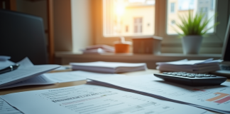 Espace de travail comptable désordonné avec papiers et calculatrice