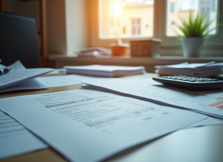 Espace de travail comptable désordonné avec papiers et calculatrice