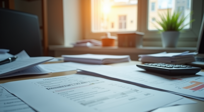 Espace de travail comptable désordonné avec papiers et calculatrice