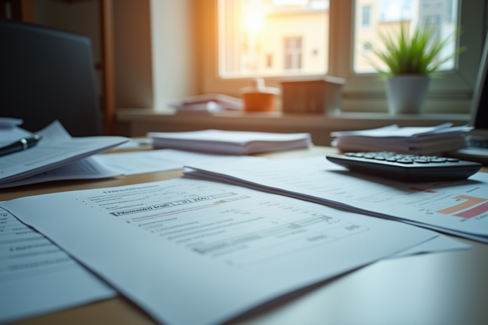 Espace de travail comptable désordonné avec papiers et calculatrice