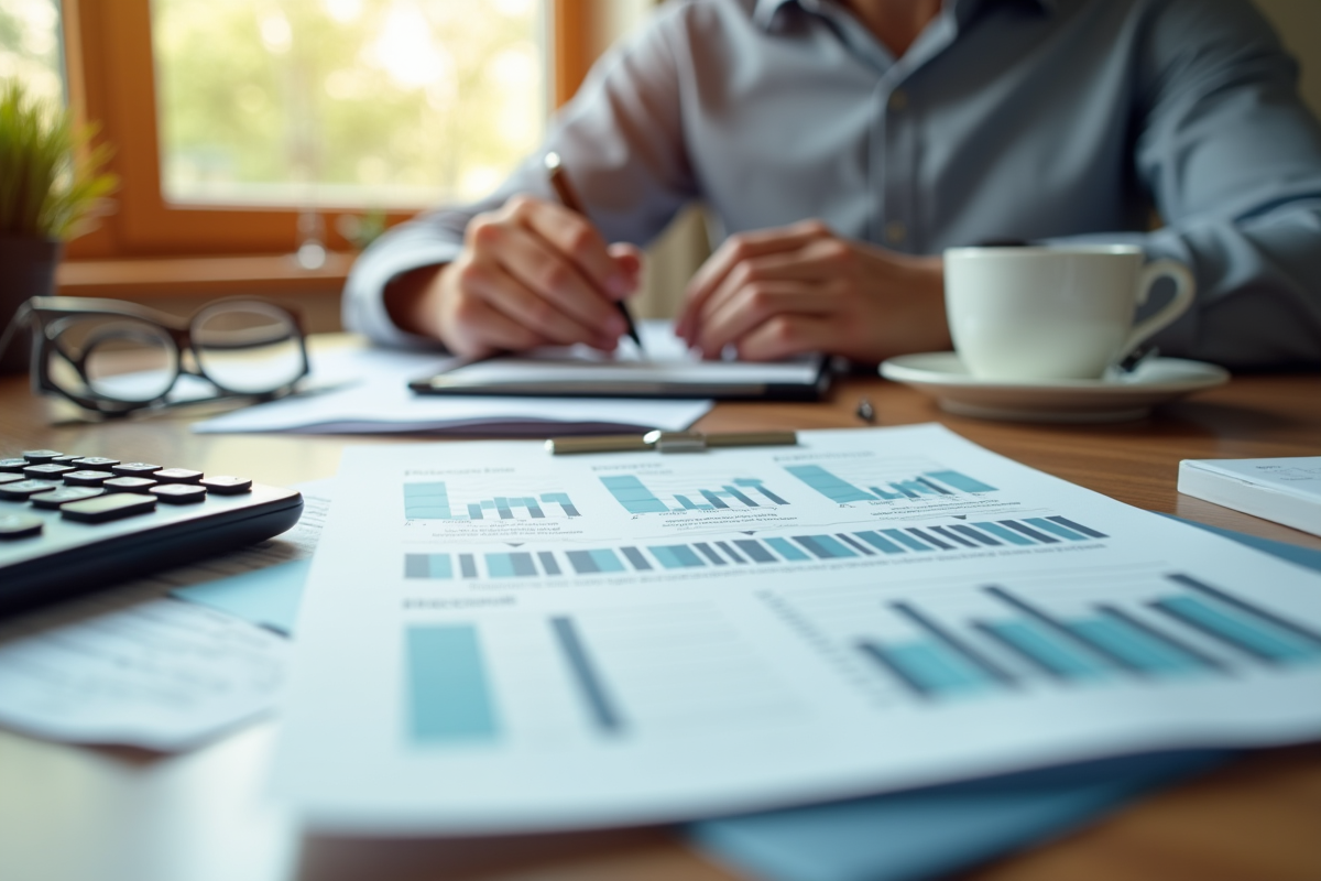 Main tenant une calculatrice avec papiers de retraite sur un bureau