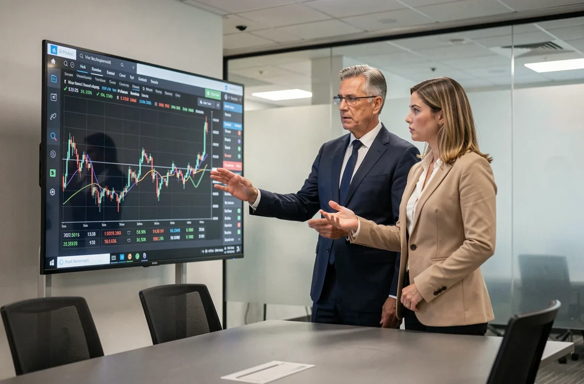 Deux cadres dirigeants analysant les données boursières et financières de Kering lors d'une réunion stratégique