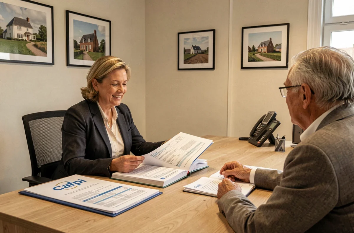 Une courtière Cafpi en Seine-Maritime étudie un dossier de financement immobilier avec un couple de clients expérimentés