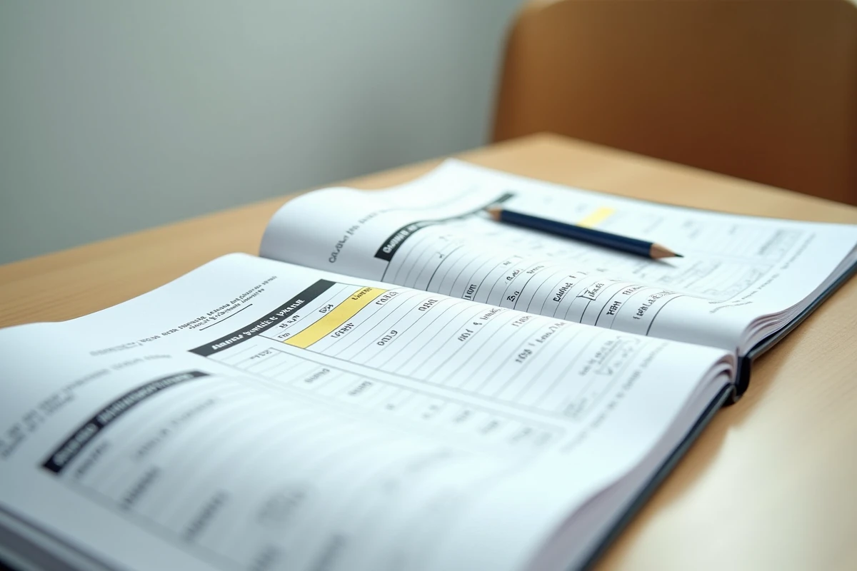 Cahier de comptabilité ouvert avec un tableau d'amortissement annoté à la main et un crayon posé dessus