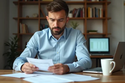 Homme en chemise bleue calculant ses frais kilométriques pour sa déclaration fiscale 2026 à son bureau