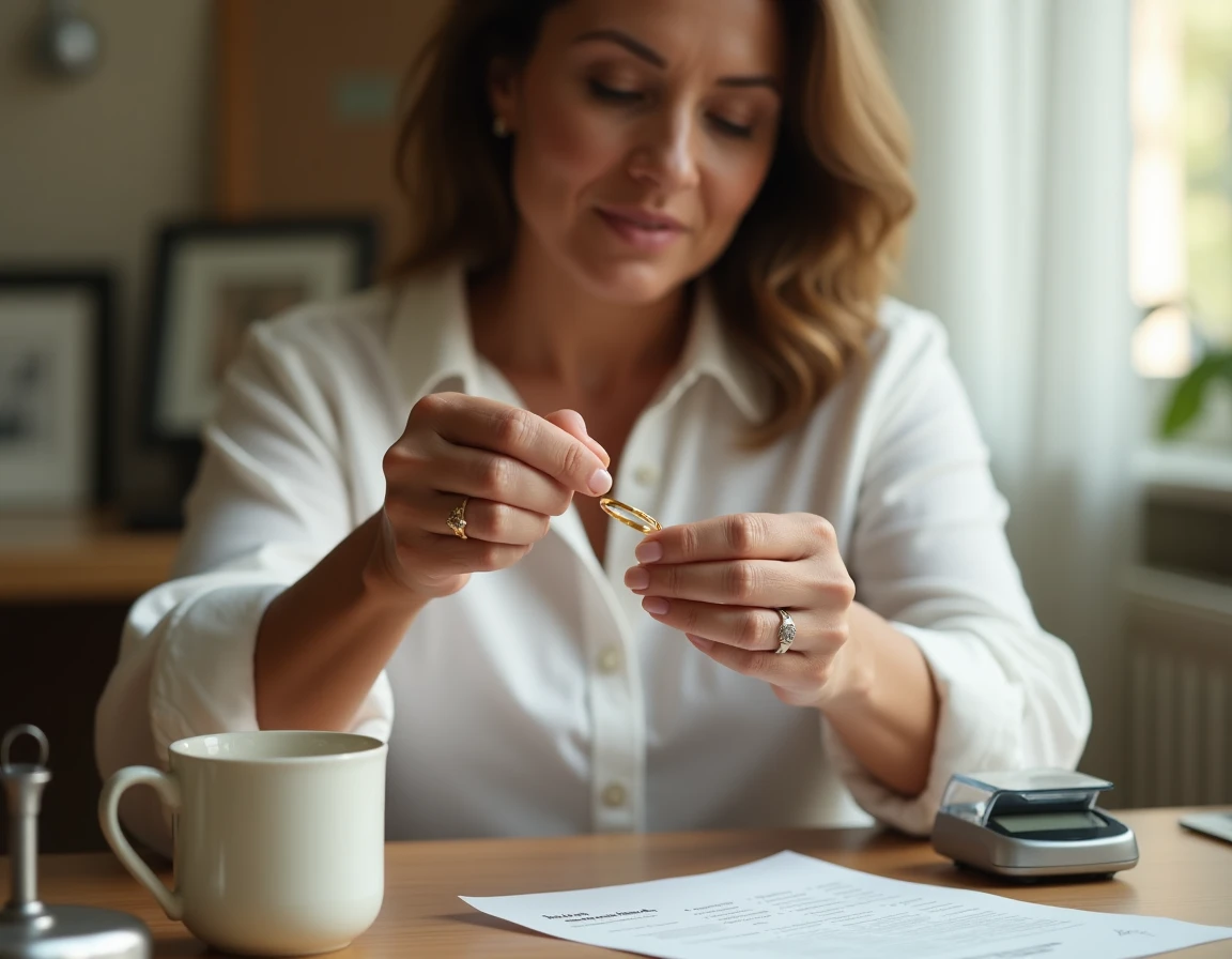 Femme examinant un bracelet en or 9 carats sur une balance de précision avec une loupe de bijoutier et un tableau de prix de l'or