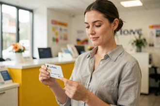 Femme tenant une carte prépayée La Poste dans une agence postale, illustration des services bancaires accessibles