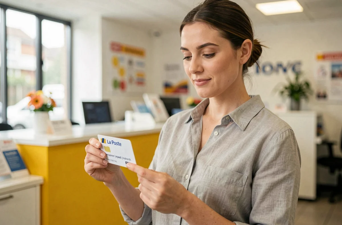 Femme tenant une carte prépayée La Poste dans une agence postale, illustration des services bancaires accessibles