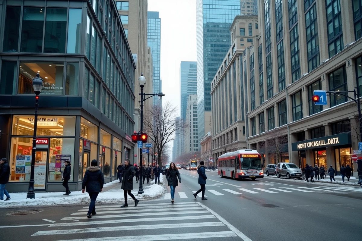 Rue animée du centre-ville de Toronto avec des immeubles résidentiels et des affiches de loyers, symbole du coût de la vie urbain au Canada