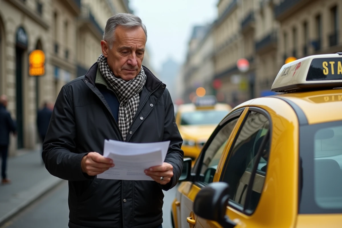 Homme chauffeur de taxi parisien examinant des documents